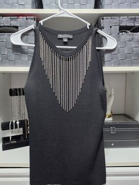 INC International Concepts Black Tank with Silver Rhinestone Fringe